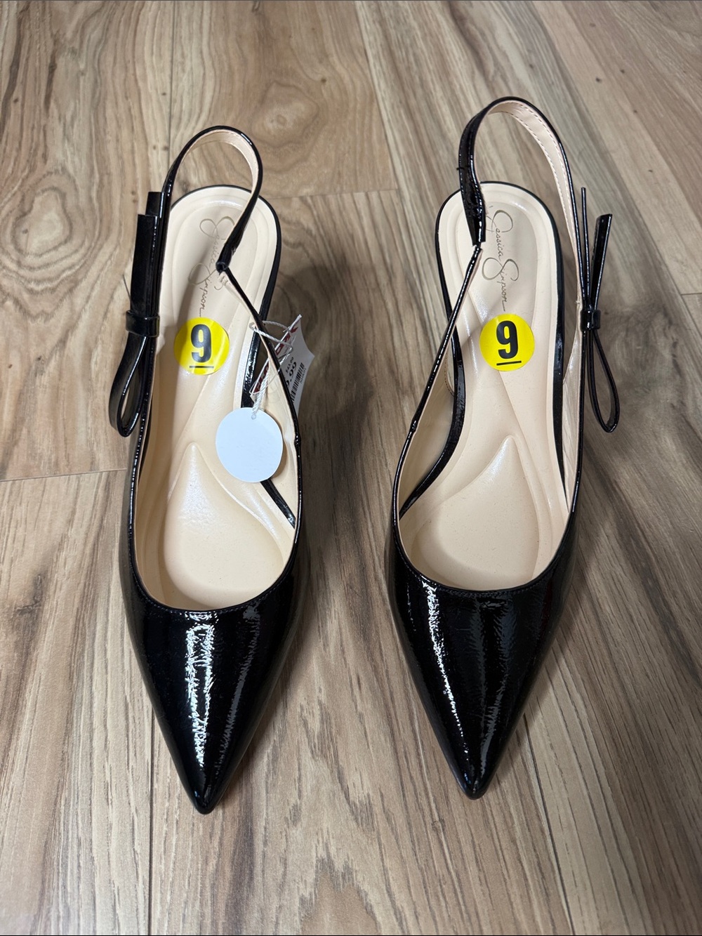 Jessica Simpson Black Patent Pointed Toe Slingback Mules with Bow